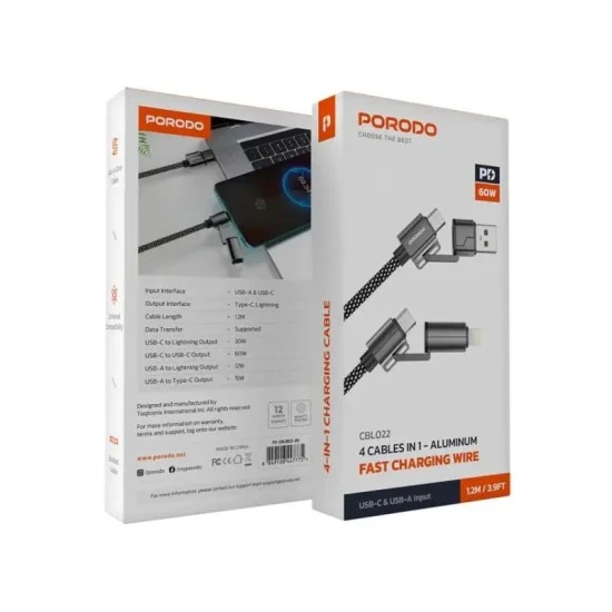 Porodo 4 Cables In 1 Aluminum Fast Charger Wire - Black